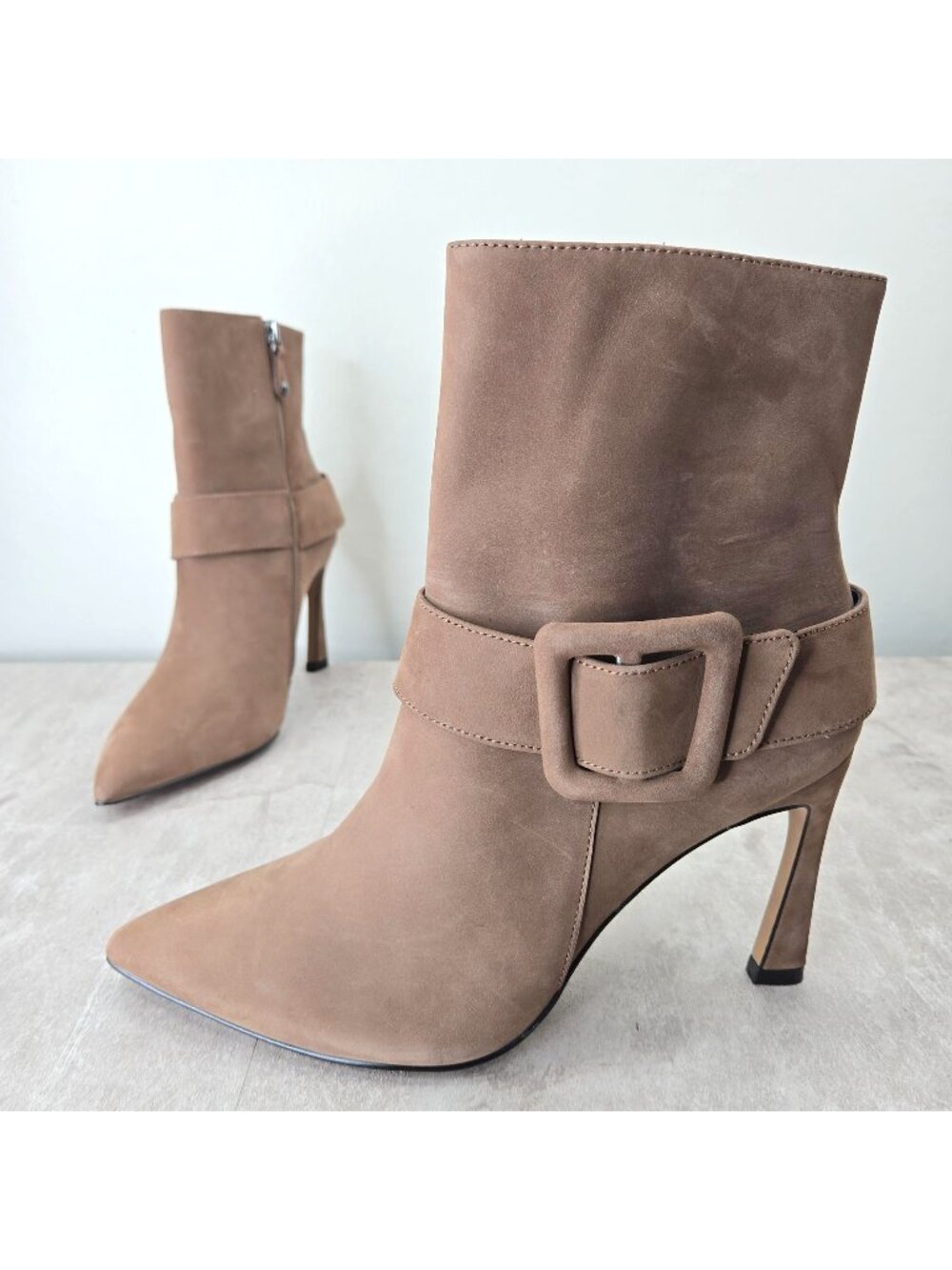 Cecilia Stilleo Ankle Boots Taupe Suede Formal Pointed Toe Sleek Dressy Booties‎